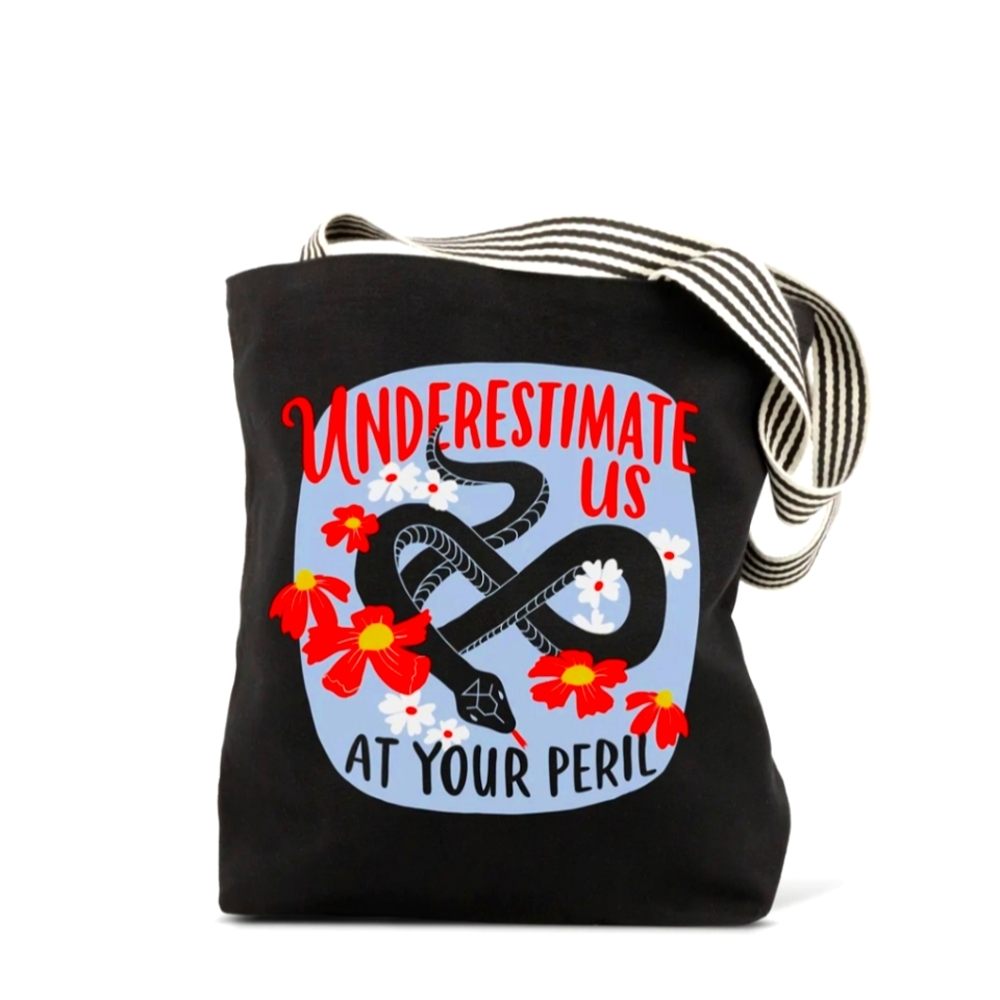 Emily McDowell Underestimate us at your on Peril black tote bag.  G3:4:9…